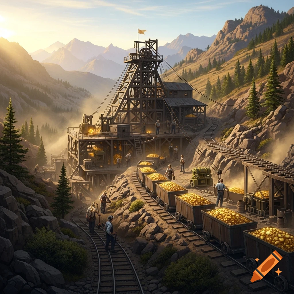 A detailed illustration of a gold mining operation nestled in a mountain valley during sunset, with miners working and carts full of gold.