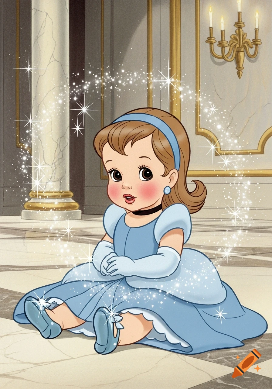 A baby Cinderella in a blue gown with a headband, gloves, and glass slippers sits on a palace floor, surrounded by magical sparkles in a 1950s Disney animation style.