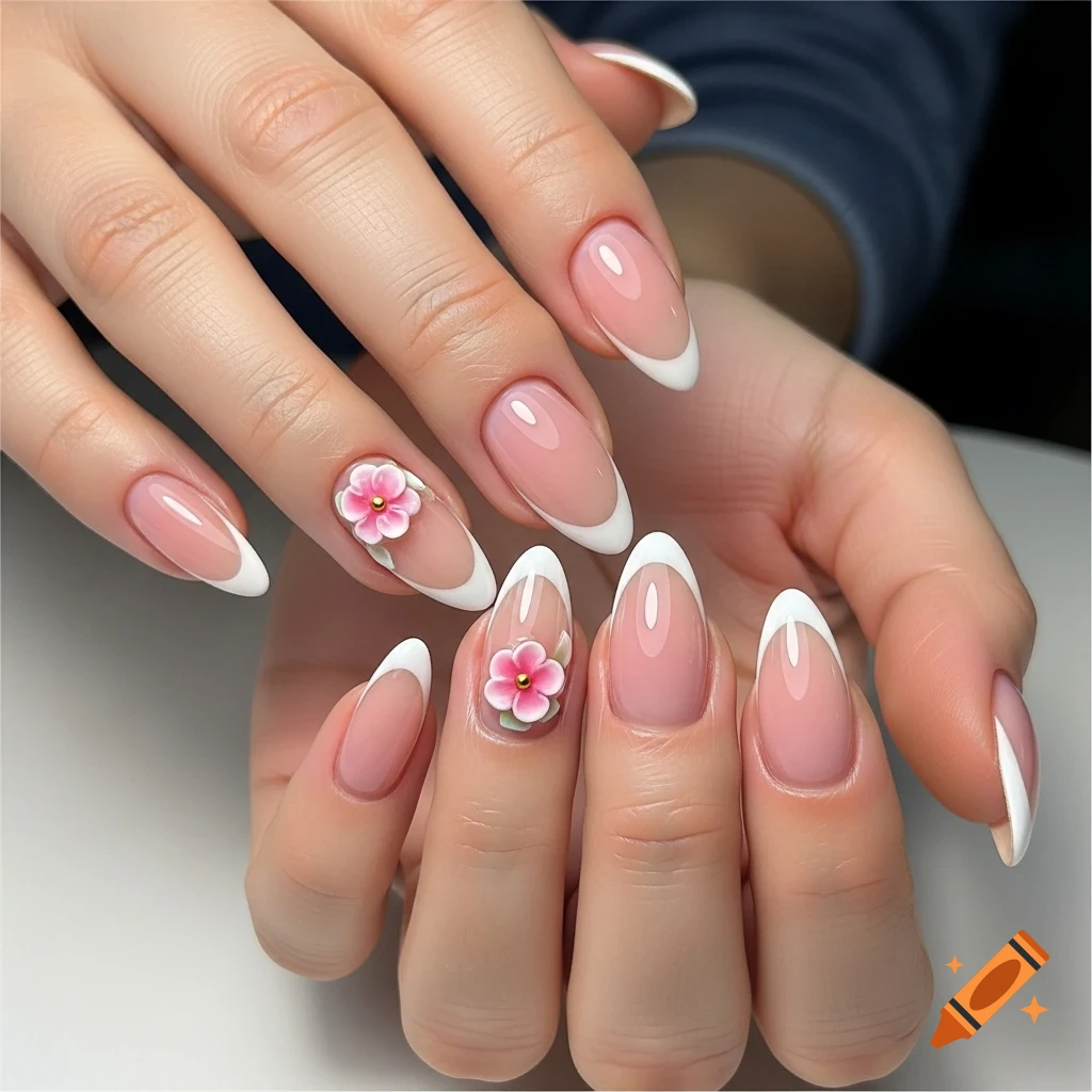 Close-up of two hands with beautifully manicured almond-shaped nails, featuring classic French tips and delicate pink 3D flowers on the ring fingers.