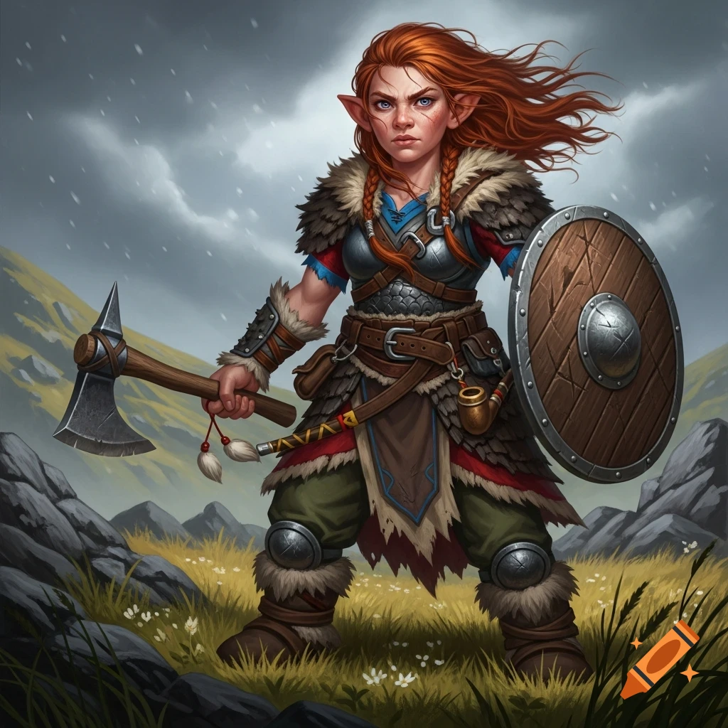 A red-haired gnome barbarian in detailed fur and armor holds an axe and shield on a cloudy, windy hillside, ultra-realistic style.