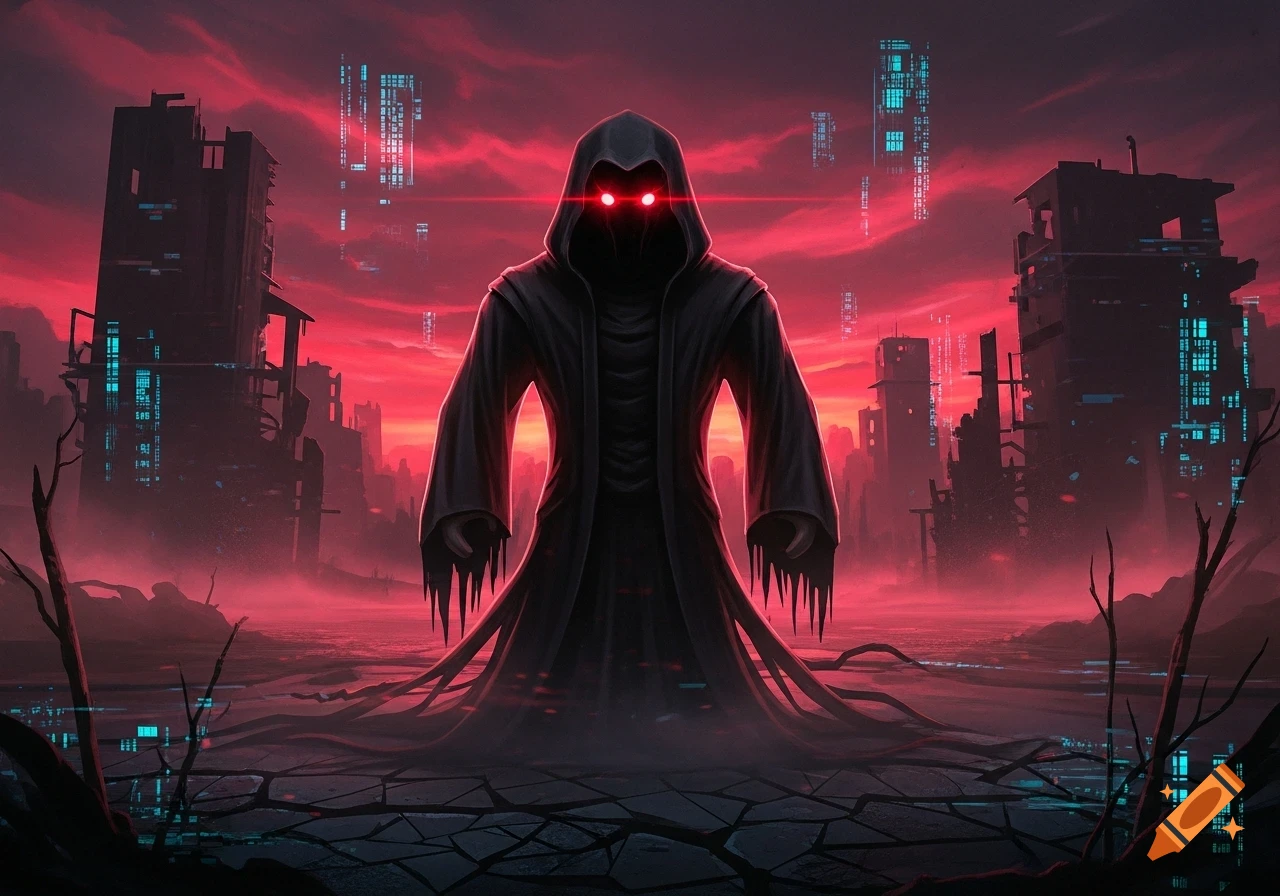 A dark hooded figure with glowing red eyes stands on cracked ground in ...