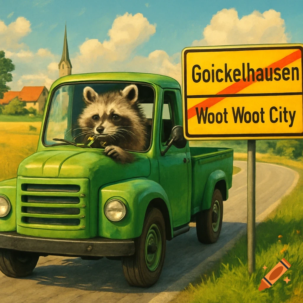 A raccoon drives a green truck past a yellow German town sign that reads "Goickelhausen" (crossed out) and "Woot Woot City" in a painterly style.