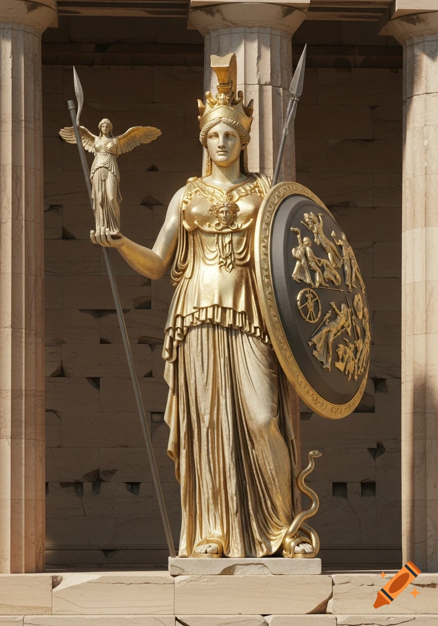 Photorealistic golden statue of Athena, holding Nike and spear, with shield and serpent, in a classical Greek temple.