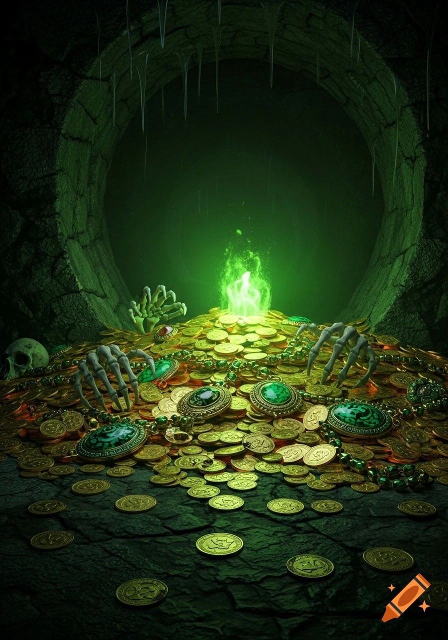 Photorealistic dark fantasy image of a treasure hoard with gold coins, green jewels, and skeleton hands in a dark, green-lit cave.