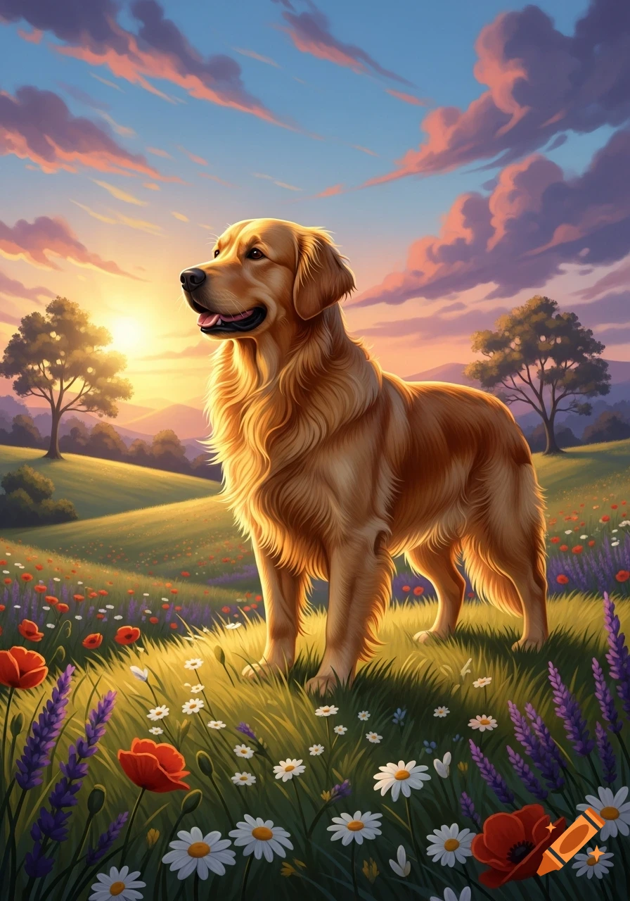 A majestic Golden Retriever stands in a vibrant, flowery field under a ...