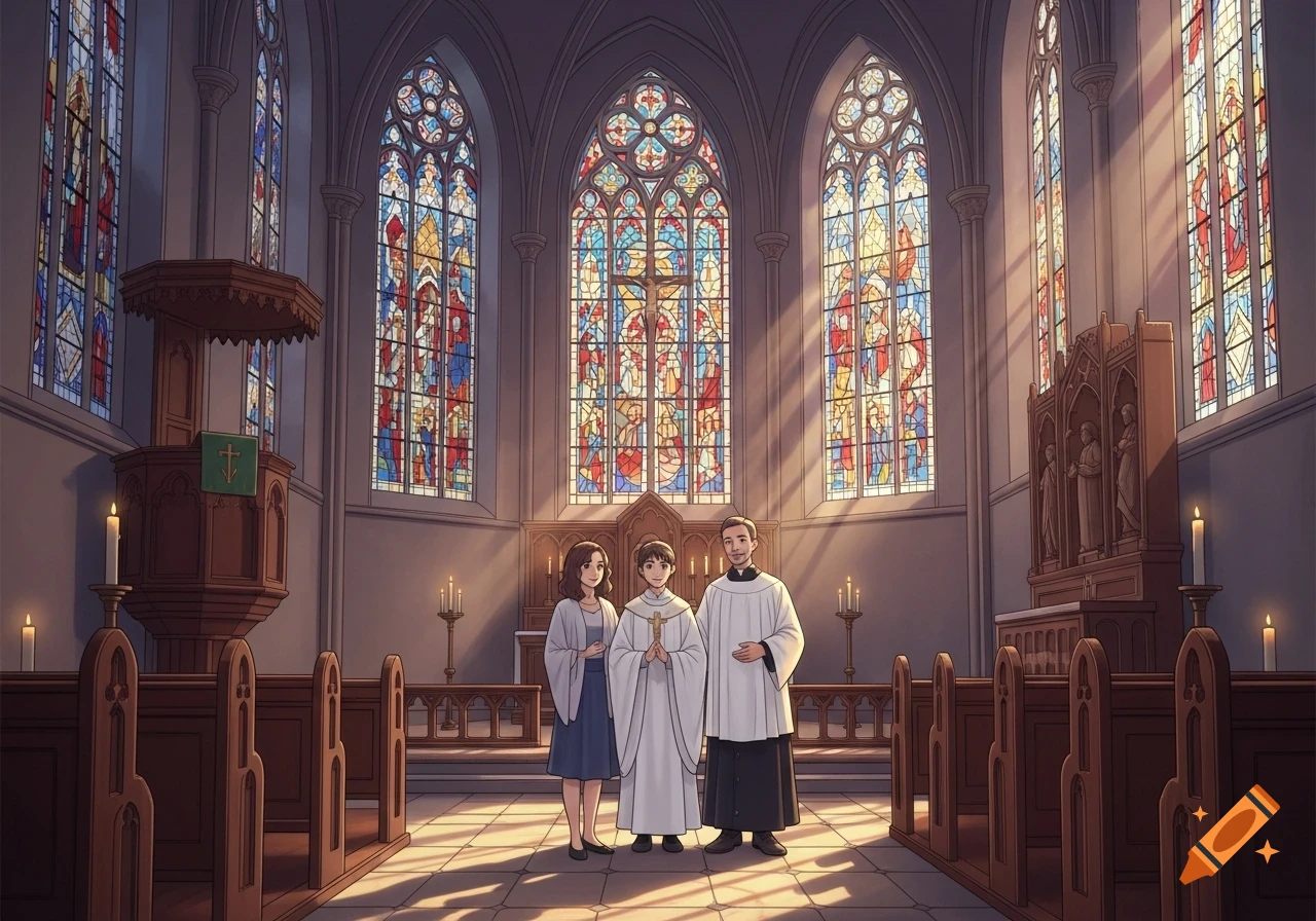 Anime illustration of a family with a priest in a sunlit church with colorful stained-glass windows.