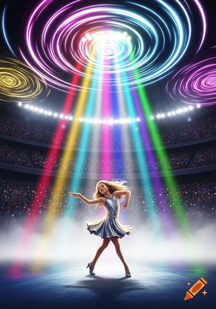 A young girl in a sparkly dress dances on stage in a large stadium under vibrant, colorful spotlights and swirling patterns.