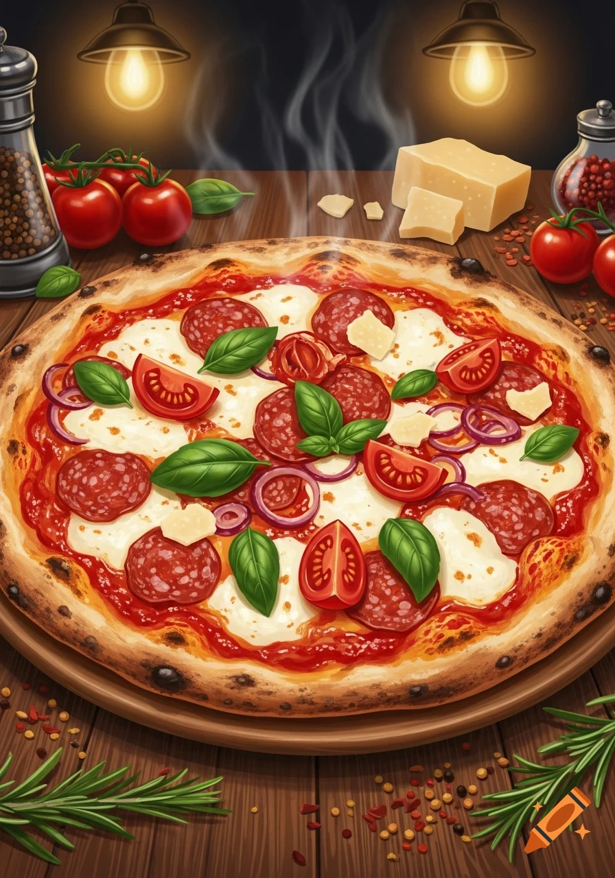 A delicious pizza topped with pepperoni, tomatoes, basil, onions, and cheese, surrounded by fresh ingredients on a wooden table under warm lights.
