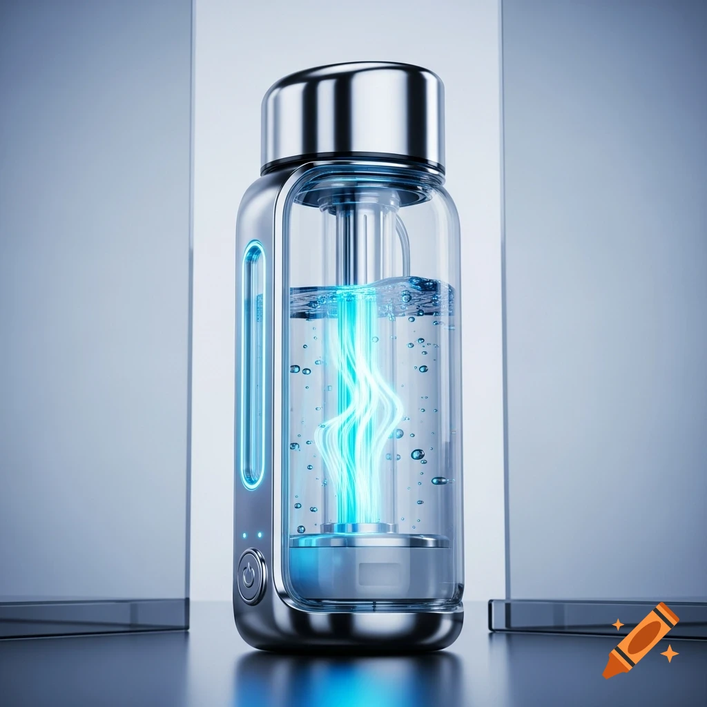 Photorealistic image of a sleek, silver and clear UV water bottle with glowing blue light illuminating the water inside.