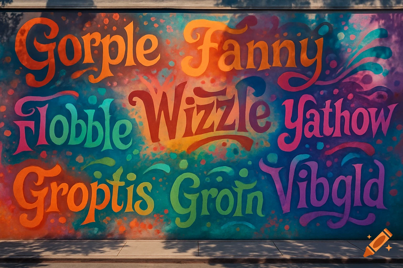 A vibrant mural of stylized, colorful, made-up words on a wall, with a psychedelic splatter-paint background.