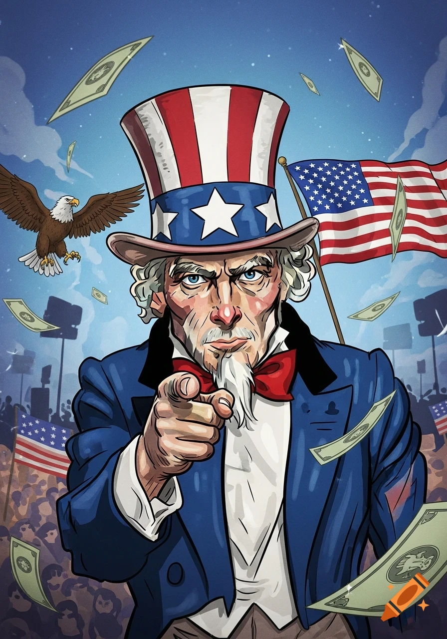 Stylized political cartoon of Uncle Sam pointing forward, with a bald eagle, American flags, and money falling around him.