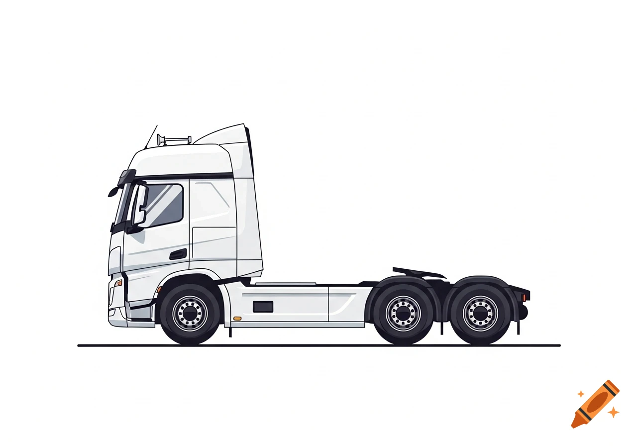 Side view of a white semi-truck illustration with clean lines on a white background.
