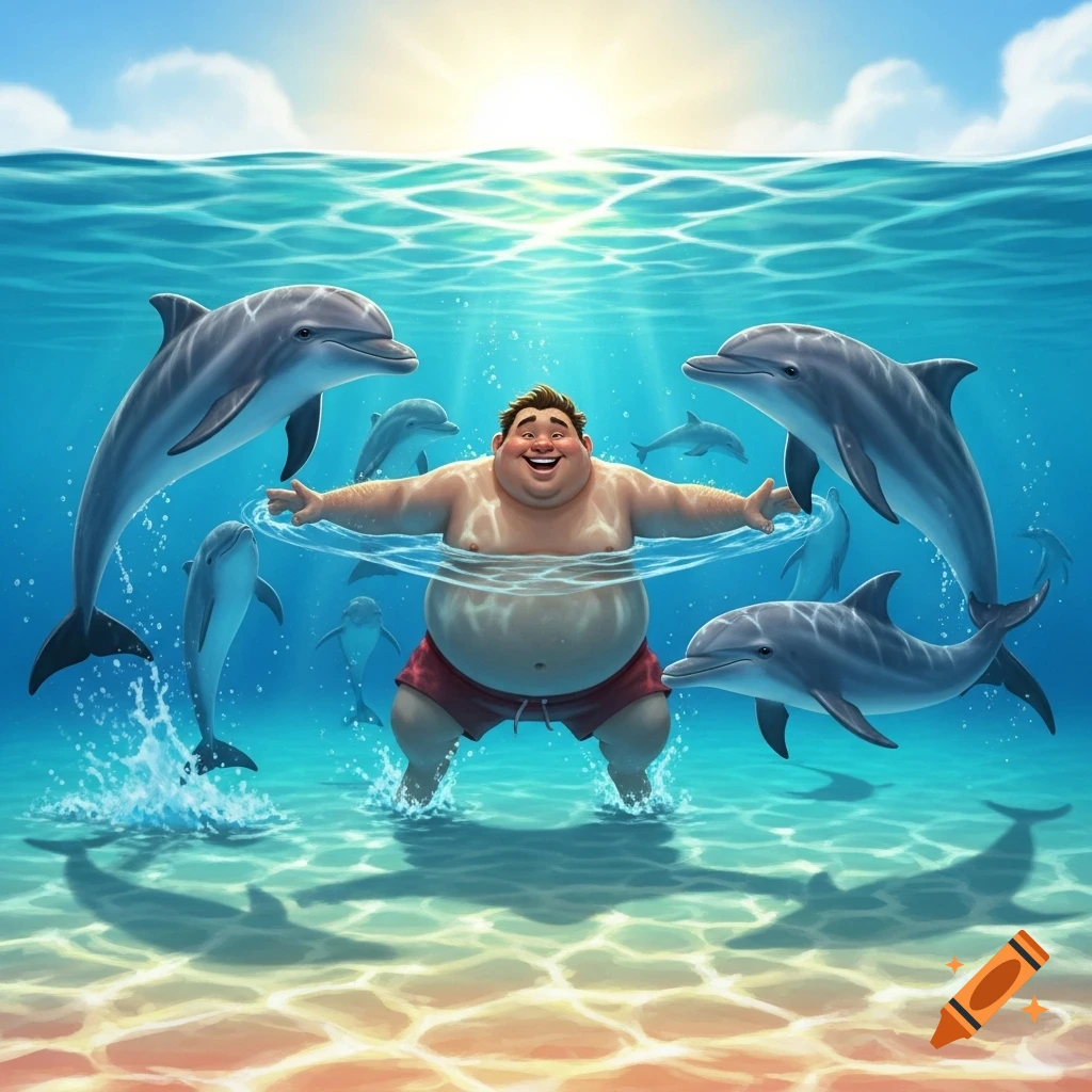 A happy, overweight cartoon man swims playfully with multiple dolphins in a clear blue ocean under sunny skies.