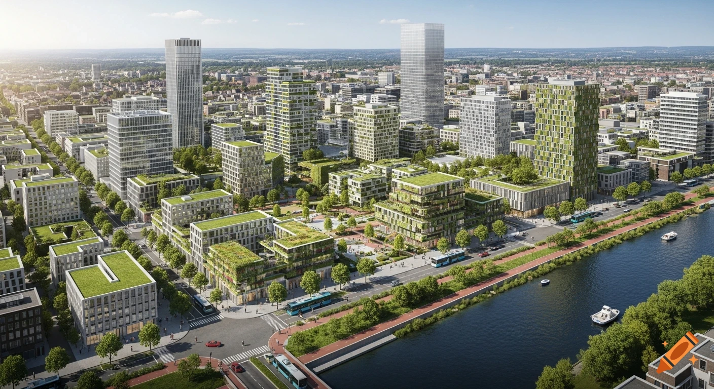 Aerial view of a vibrant, green futuristic city with tall buildings, green roofs, a river, and clean public transport under a clear sky.