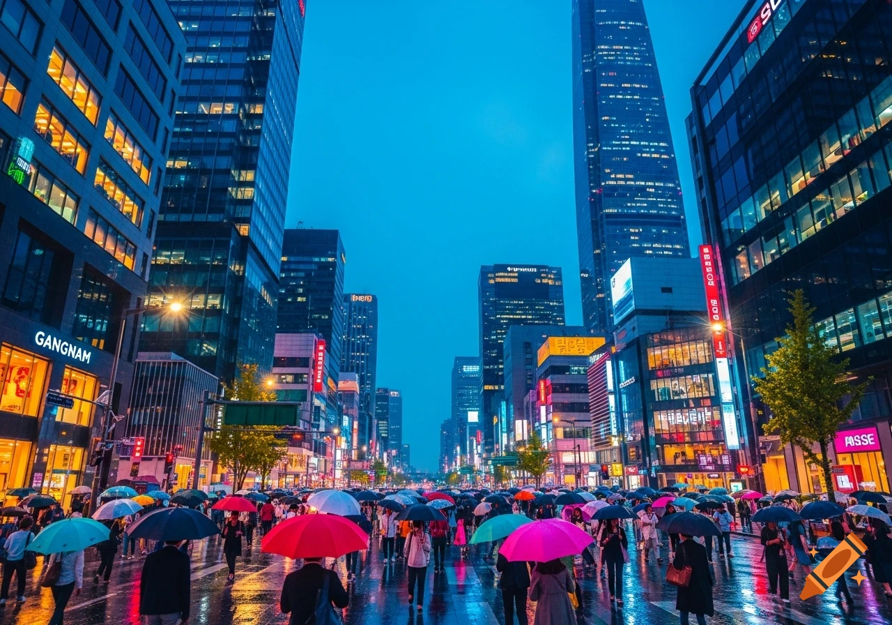 A vibrant, rain-slicked city street at night, with a crowd of people holding colorful umbrellas walking past brightly lit skyscrapers.