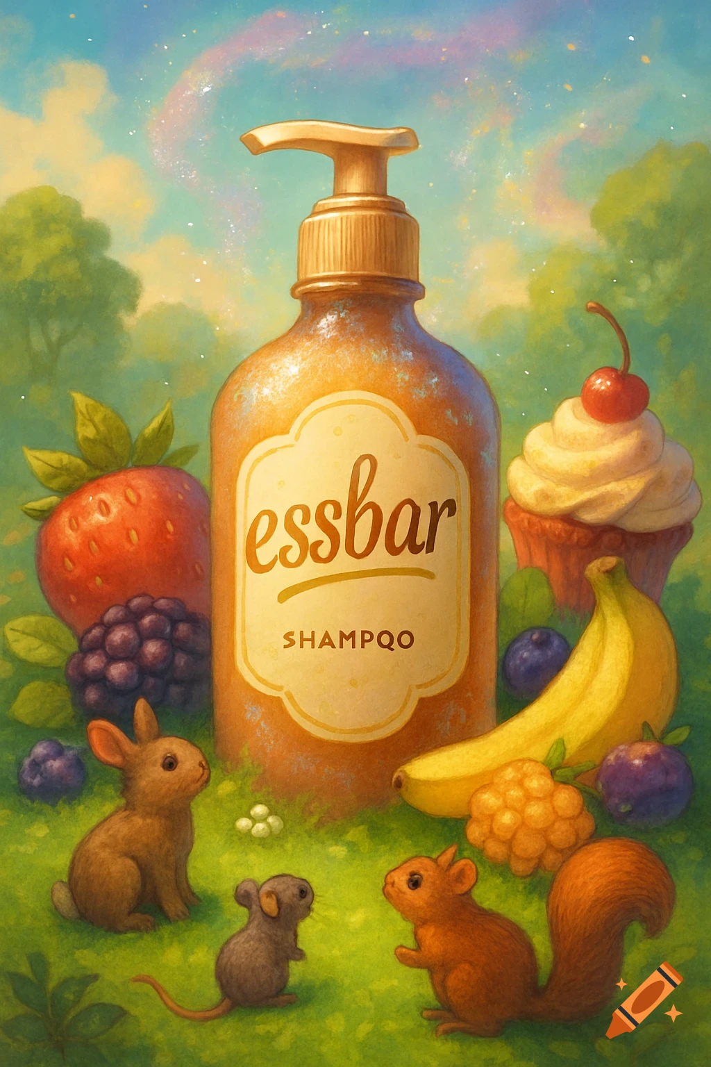 A whimsical illustration of a shampoo bottle labeled "essbar SHAMPQO" surrounded by fruits, a cupcake, a rabbit, a mouse, and a squirrel in a lush, magical forest clearing under a colorful sky.