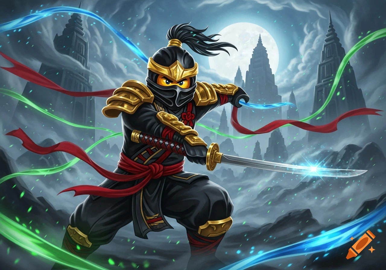 Vibrant illustration of a black and gold Lego-style ninja with a katana against a fantasy landscape with pagodas and a full moon.