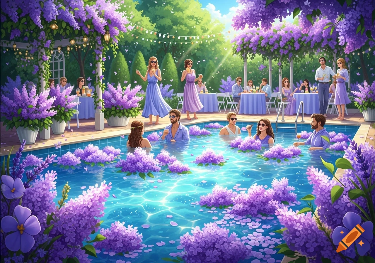A vibrant pool party scene with people swimming and relaxing amidst lush purple wisteria and flowers under a sunny sky.