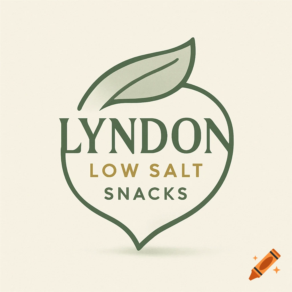A logo for Lyndon Low Salt Snacks, featuring green and gold text within a stylized heart-shaped outline with a leaf on top.