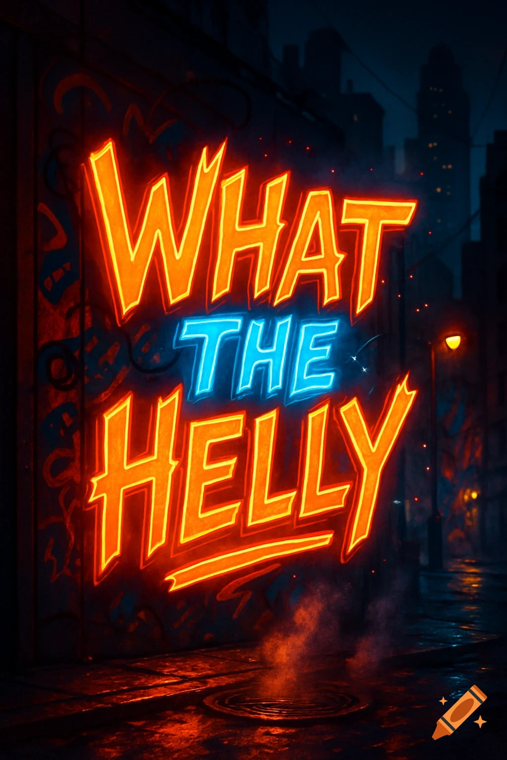 A vibrant neon sign on a dark city street spelling out 'WHAT THE HELLY' with orange and blue lights, reflecting on a wet sidewalk.