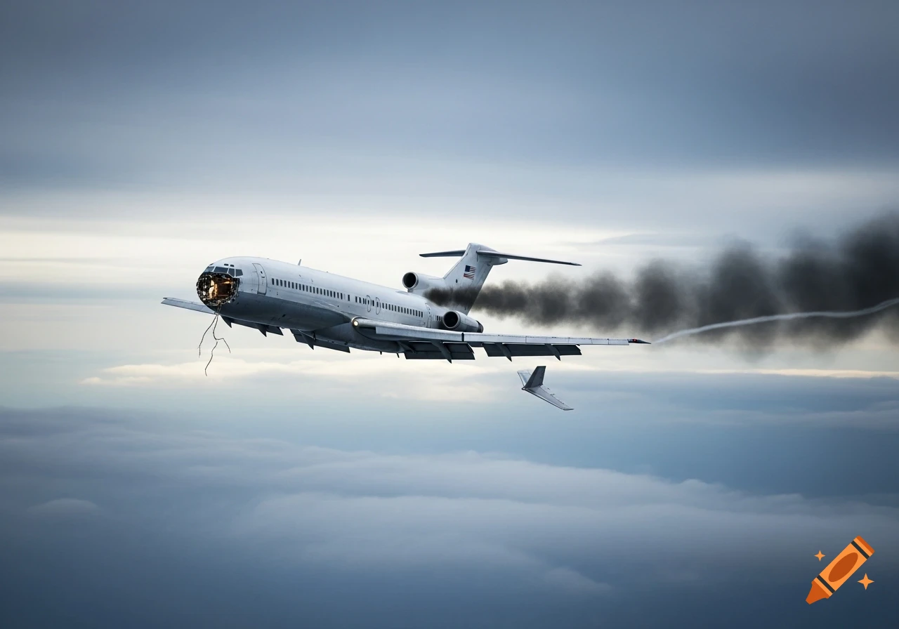 A white passenger jet with a missing nose and a smoking engine flies above clouds, with a detached piece of its tail falling below.