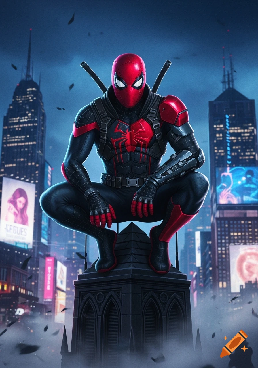 A superhero in a red and black suit with katanas crouches atop a gothic building in a futuristic city at night, in a comic art style.
