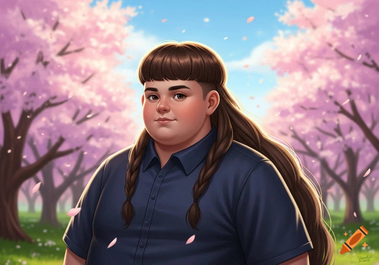 Digital art portrait of a boy with a fringe and long braided hair, standing in a cherry blossom park.