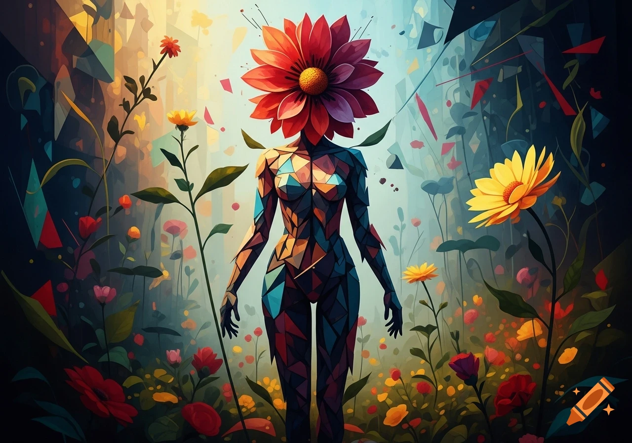 A cubist painting of a human-like figure with a red flower for a head, standing in a colorful garden.