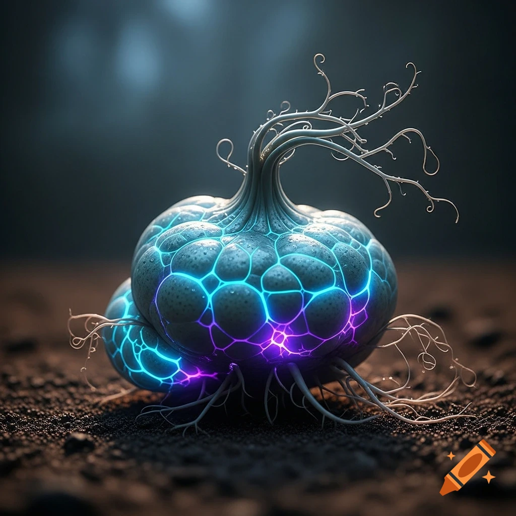 A hyperrealistic close-up of a bioluminescent alien vegetable with glowing cyan and violet veins on damp forest soil.