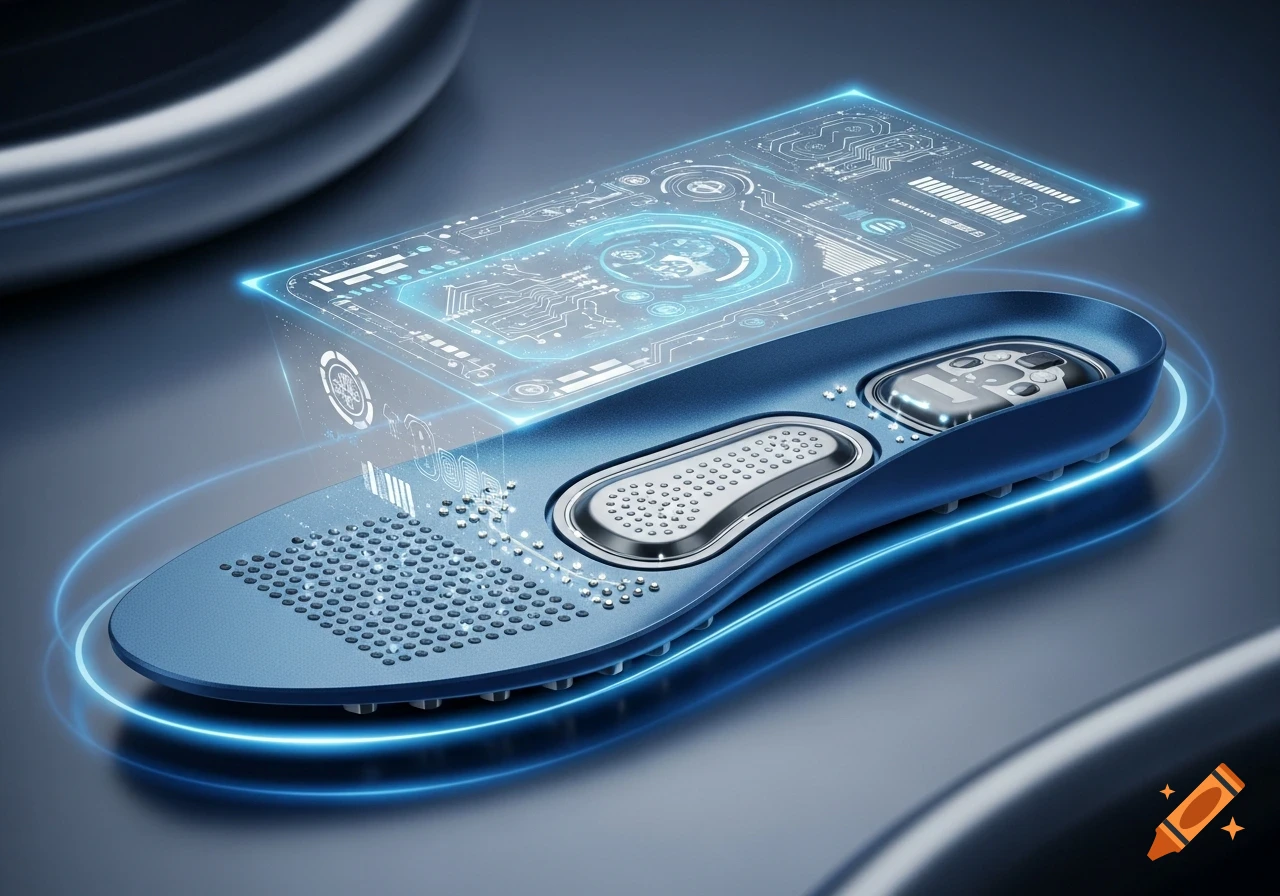 A blue high-tech shoe insole with intricate silver components and a glowing holographic display showing circuit patterns.