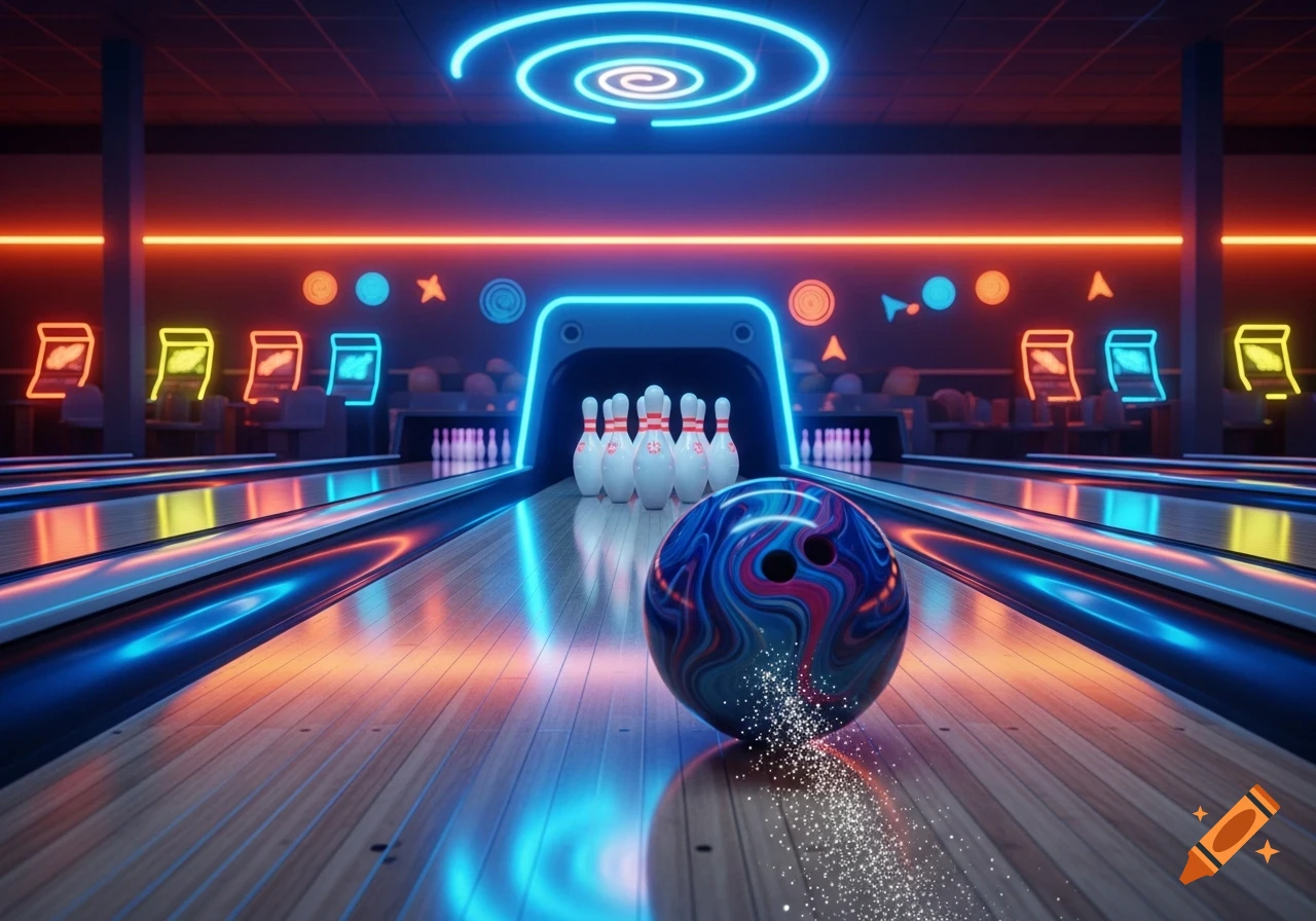 A vibrant, neon-lit bowling alley with a blue and pink swirled bowling ball on a wooden lane, approaching white pins.