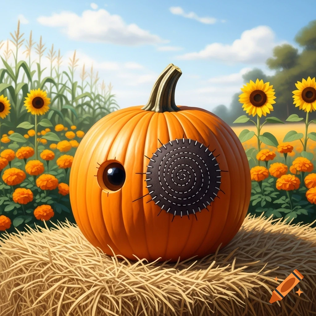 A cute pumpkin with a large eye and a dark stitched patch for the other eye, sitting on a hay bale in a field of sunflowers and orange flowers under a blue sky.