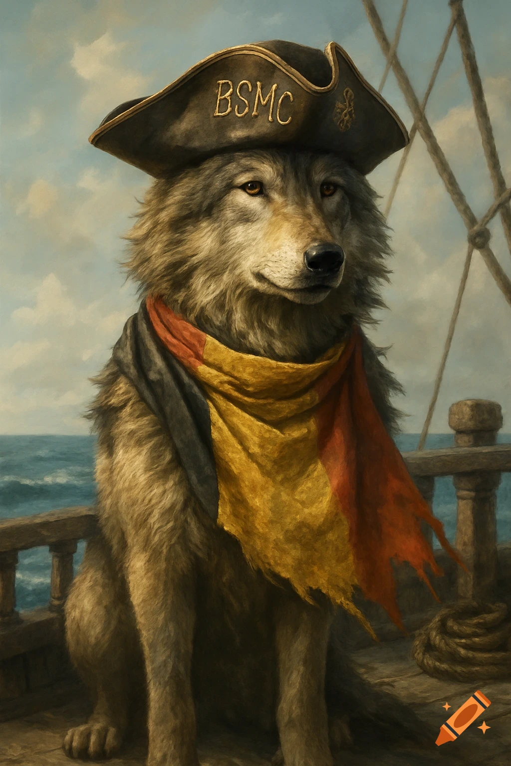 A majestic wolf in a pirate hat with "BSMC" written on it and a Belgian flag scarf sits on a ship deck, painted in a realistic style.