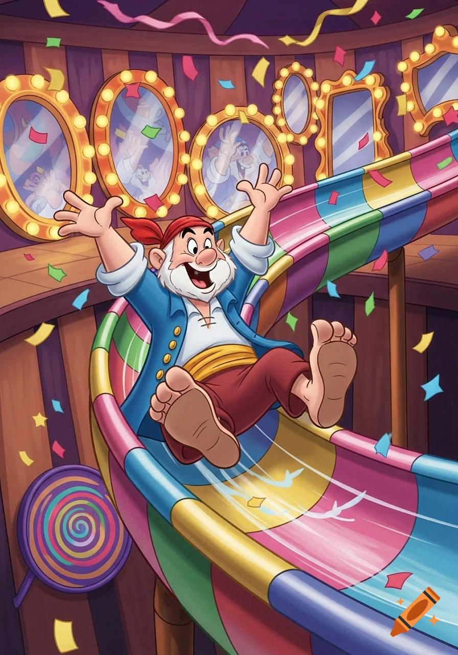 Cartoon illustration of Smee happily sliding down a colorful funhouse slide, arms raised, surrounded by confetti and mirrors.