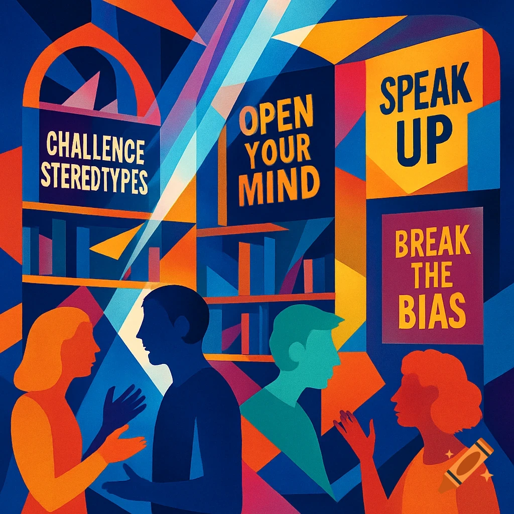 Abstract colorful illustration with four people and four motivational messages: "Challenge Stereotypes", "Open Your Mind", "Speak Up", and "Break The Bias".