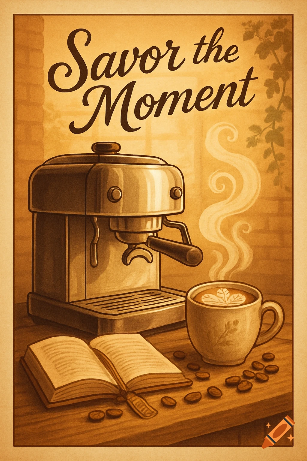 Sepia illustration of a coffee machine, steaming cup, open book, and beans, with 'Savor the Moment' text.