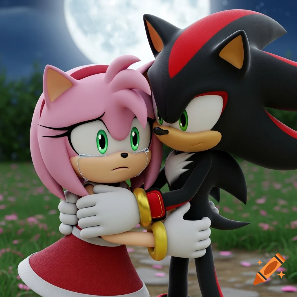 Amy Rose, crying, is comforted by Shadow the Hedgehog in a moonlit outdoor scene, 3D animated style.
