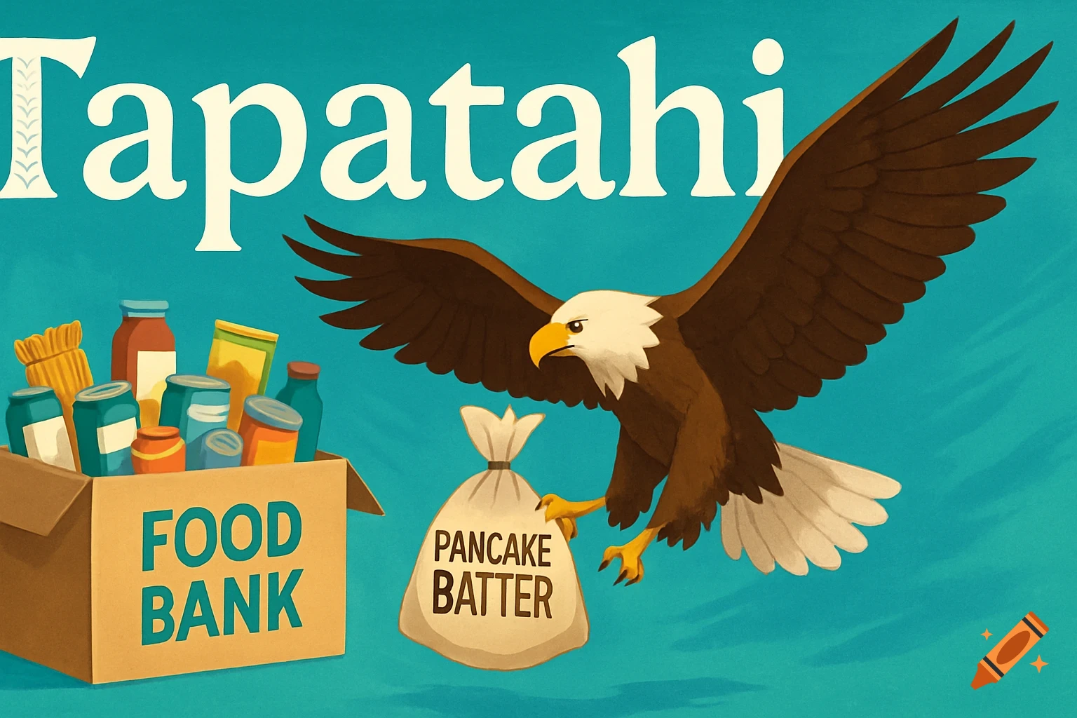 A stylized image of a bald eagle flying above a box labeled 'FOOD BANK' filled with groceries, holding a bag labeled 'PANCAKE BATTER' in its talons, all against a turquoise background.