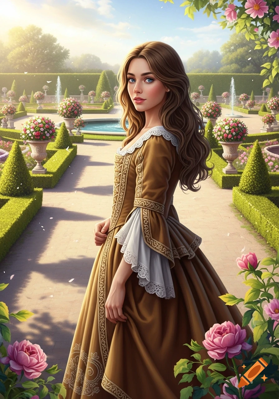A young woman in a brown 17th-century style dress stands gracefully in a beautiful, sunlit French garden with fountains and hedges.