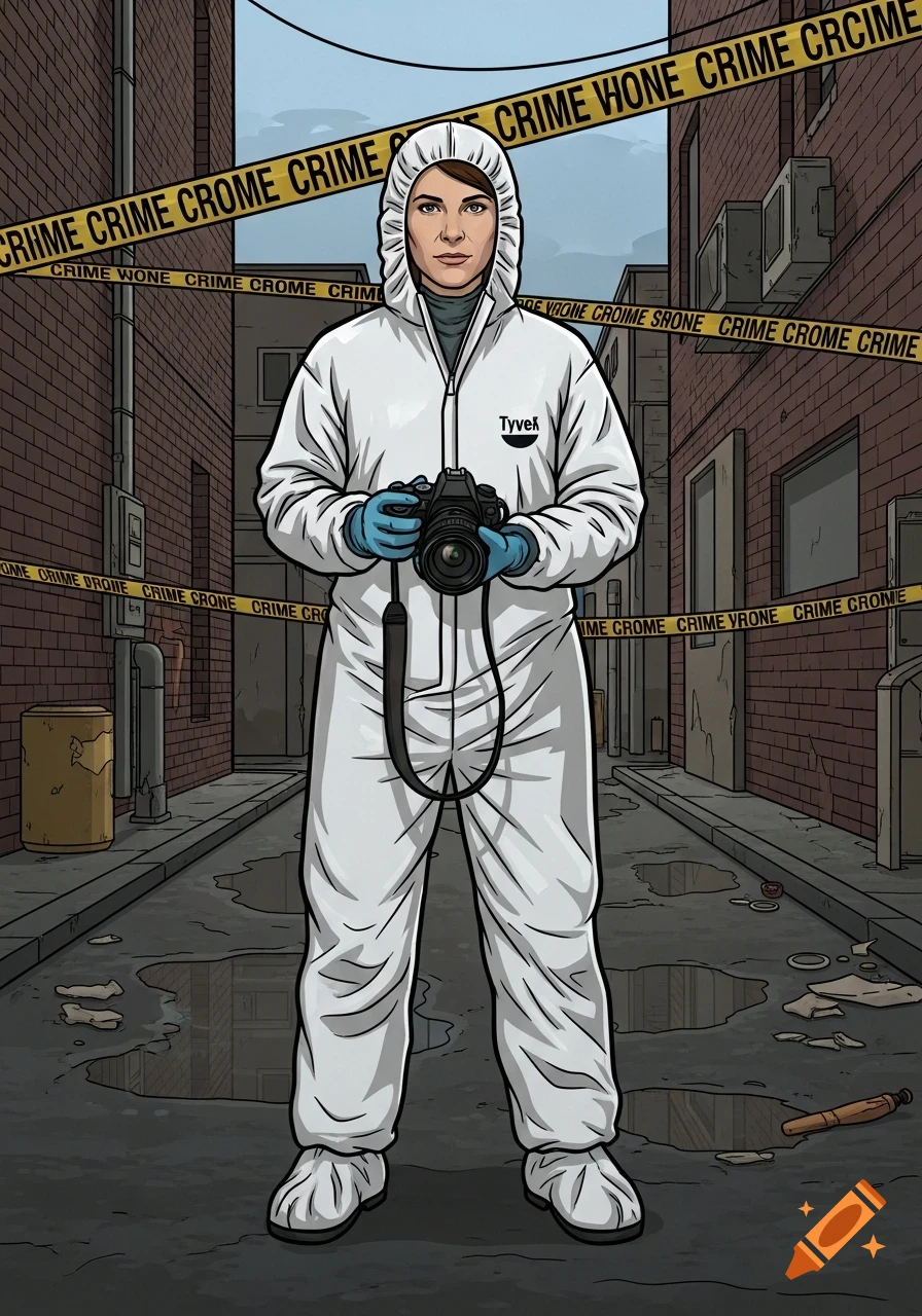 A forensic photographer in a white Tyvek suit with a hood and blue gloves holds a camera in an urban alley behind crime tape. Styled like the Archer TV show.