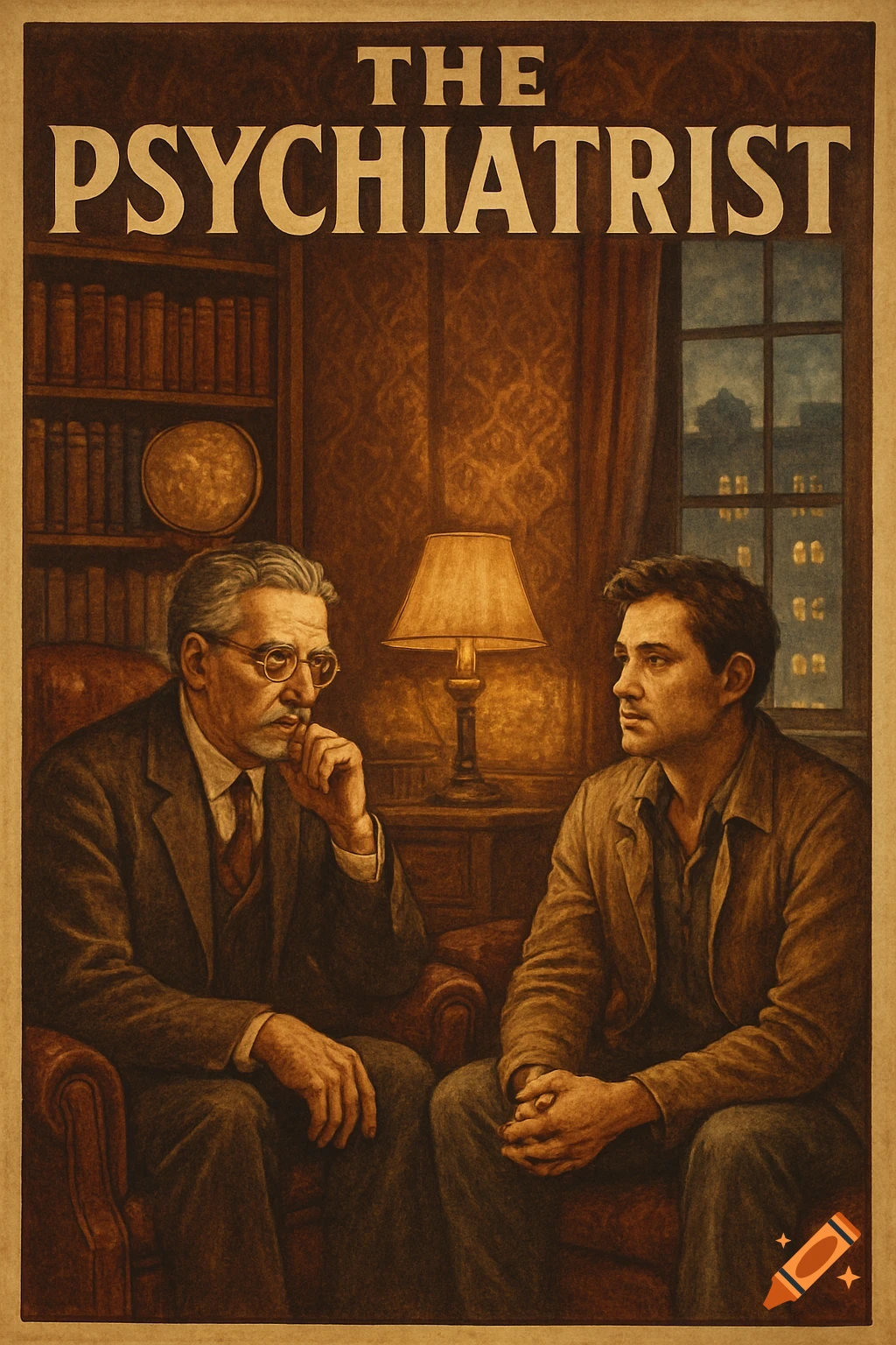 Vintage illustration of a psychiatrist listening intently to a patient in a warm, dimly lit office.