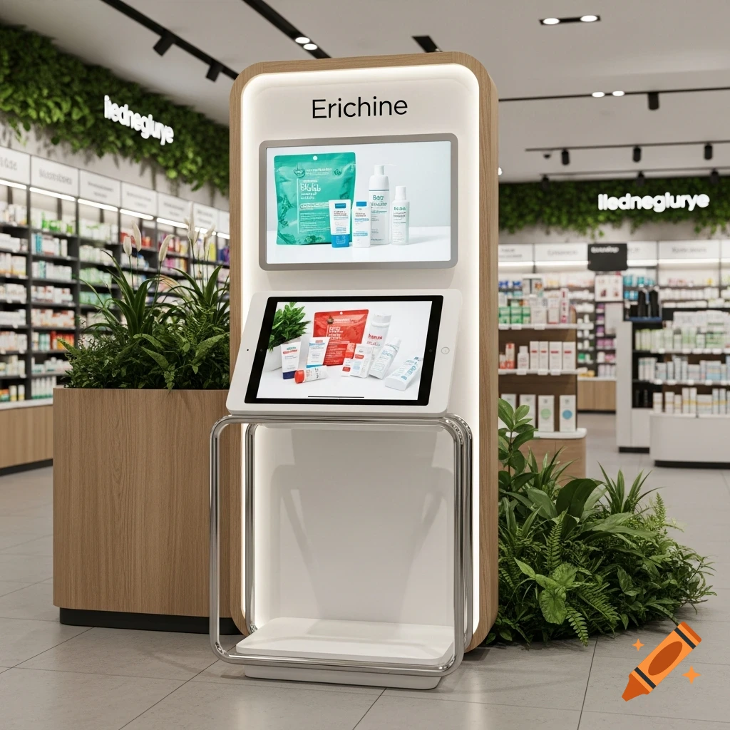 A modern digital display stand in a pharmacy, featuring two screens showcasing skincare products. Green plants are around the stand and on shelves in the background.