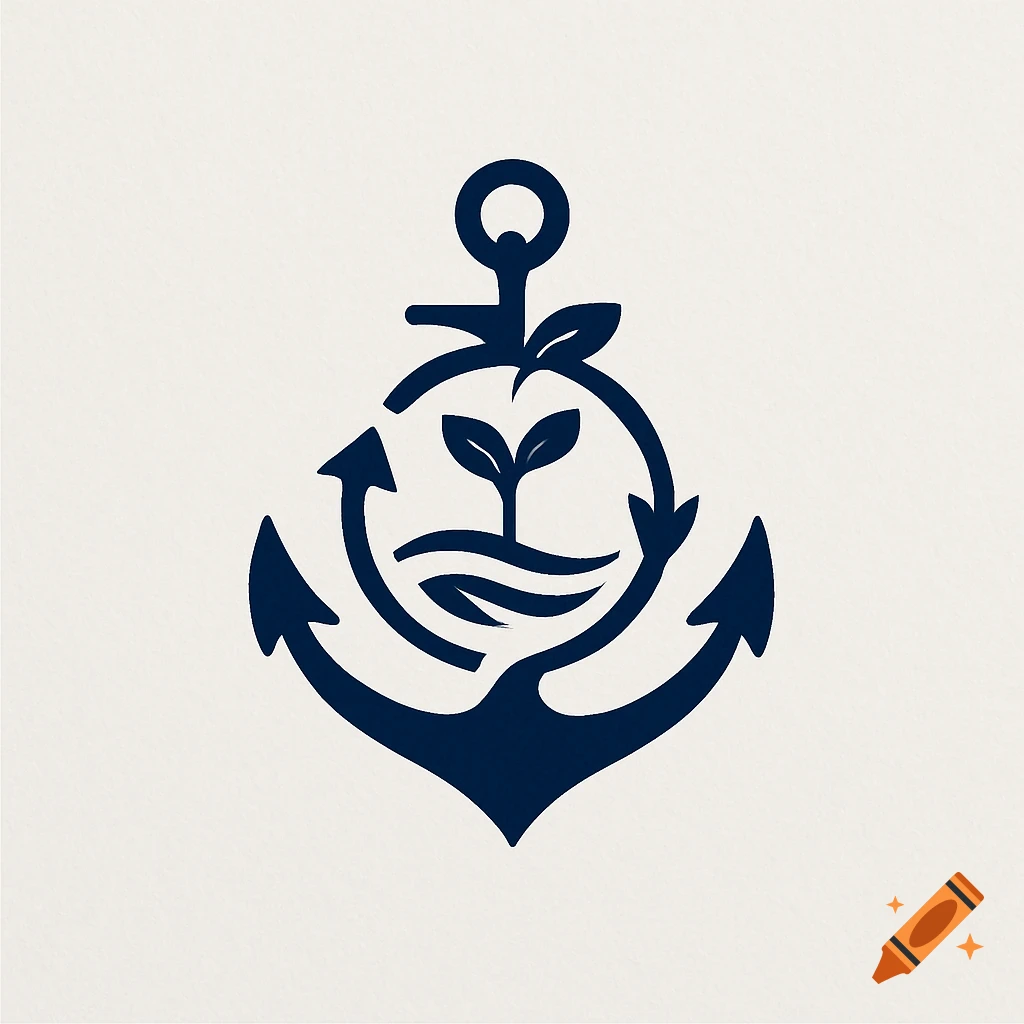 A minimalist blue logo featuring an anchor with a plant sprout and waves inside a circular recycling symbol, on a light background.