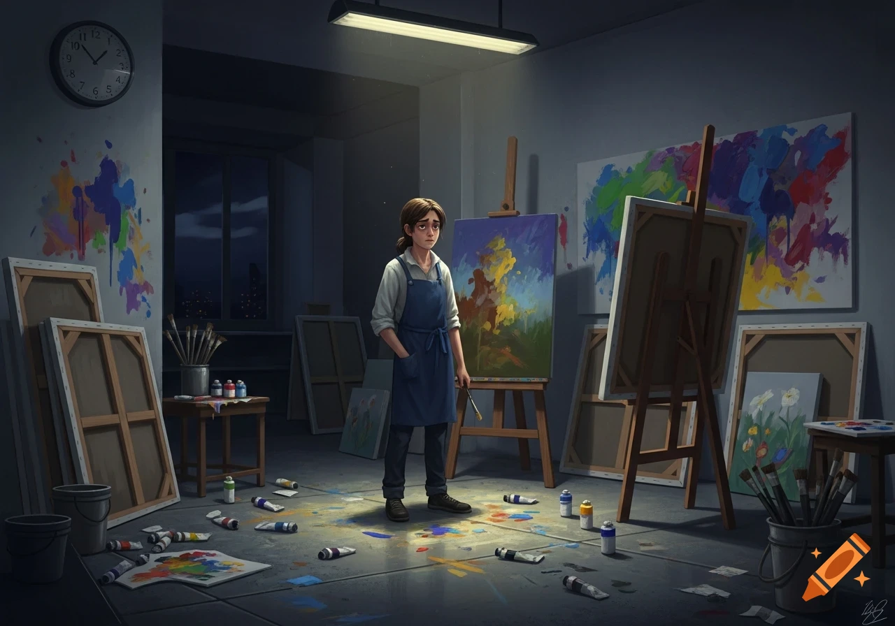 A young art student looks weary in a messy studio filled with canvases and paint under a single light.