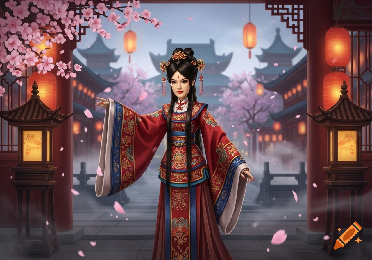A woman in an elaborate red and gold traditional Chinese dress stands in a courtyard with cherry blossoms and ancient Chinese buildings.