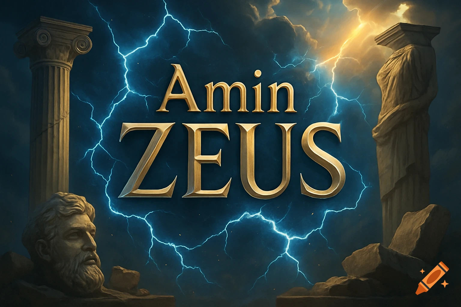 Golden text 'Amin ZEUS' against a stormy sky with blue lightning, flanked by classical Greek columns and a stone bust of Zeus.