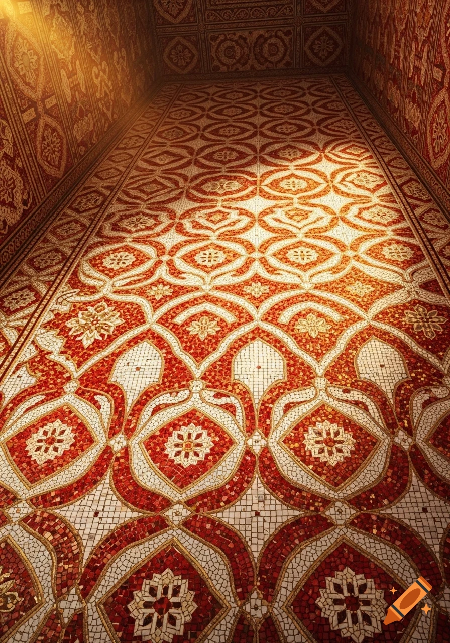 An elaborate mosaic floor and walls featuring intricate red, white, and gold patterns, illuminated by warm sunlight from above.
