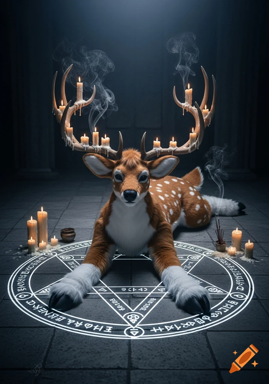 A realistic deer fursuit with glowing candles on its antlers lies on a mystical pentagram in a dark, smoky ritual room.