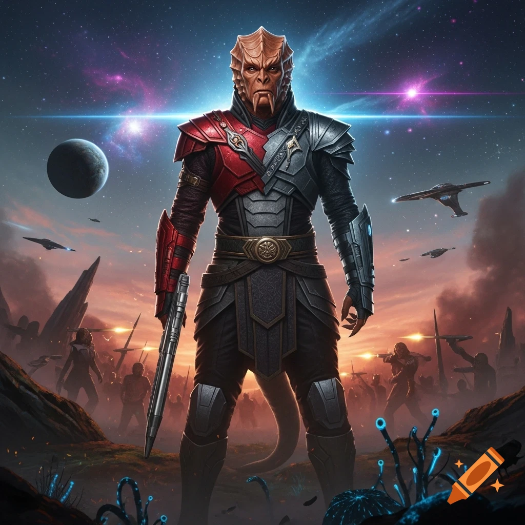 A powerful reptilian alien warrior in red and gray futuristic armor stands on an alien planet with spaceships and planets in a starry sky.