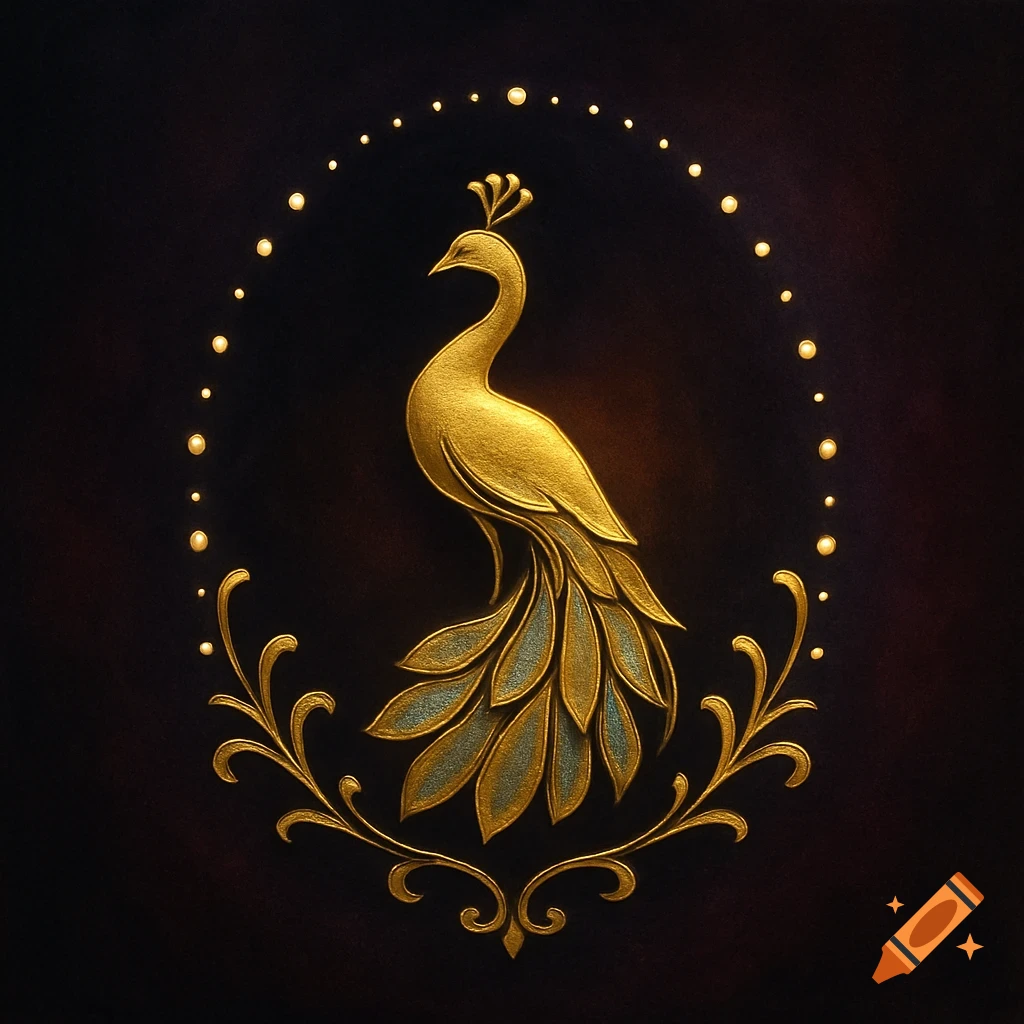 A golden stylized peacock with a detailed tail and crest, framed by glowing dots and ornate floral elements on a dark background.